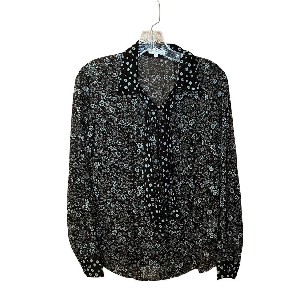 Claudia Richard Floral Tie Neck Blouse Womens  M Brown Blue Sheer Long Sleeve